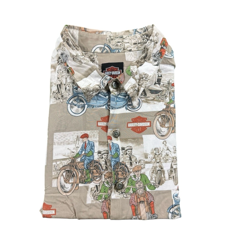 Harley Davidson Tori Richard Motorcycle AOP Hawaiian Shirt 3XL Tan 3963-3255